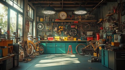 A cluttered and messy workshop with tools, bikes, and vintage furniture.