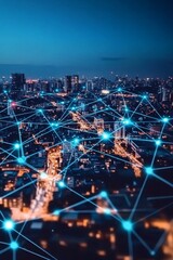Poster - the urban landscape glows at night, highlighting a smart city with a network of connected streets an
