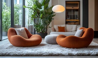 Two Orange Plush Armchairs in a Modern Living Room