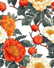 Beautiful floral pattern with peonies, white background