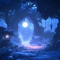 A mysterious, glowing portal appearing in the heart of a moonlit forest, surrounded by ancient talismans hanging from branches, gently swaying in the night breeze. Ethereal mist swirls around