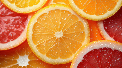 Wall Mural - poster style  lemon , grapefruit, orange slices overlapping, water drops