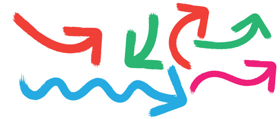 Wall Mural - bold brush drawn curved and wavy arrows. multi colored doodle marker thick arrows in different direc