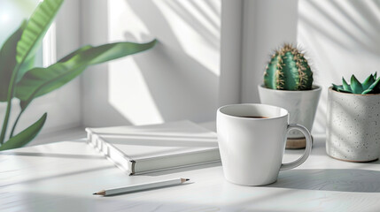 mugs mockup with notepad, accessories on white table and green plant in pot. Front view