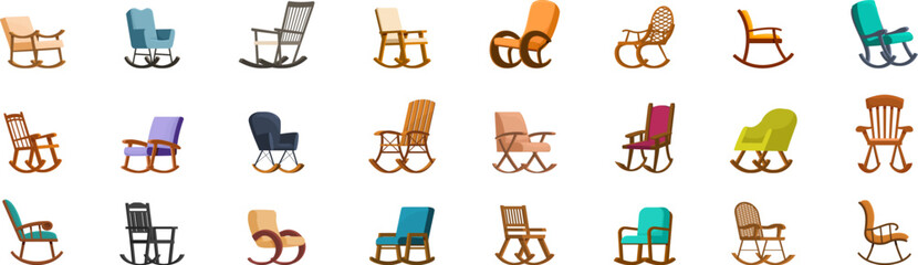 Poster - Rocking chair icons set. Comfortable rocking chairs in various designs, offering relaxation and style for any home