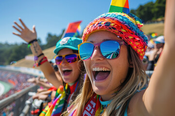 Excited fans enjoying lively atmosphere at outdoor sporting event, wearing vibrant accessories, and waving rainbow flags while cheering enthusiastically in stands