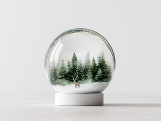 Poster - Tiny woodland scene snow globe, deer and pine trees, white background, watercolor style