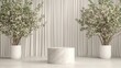 © Gencraffic - A minimalistic indoor setting featuring two flowering plants in white pots flanking a round marble table against a textured white backdrop.