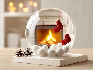 Poster - snow globe with holiday fireplace, stockings hanging, warm glow, white background, watercolor style