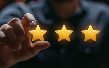 Business person or customer using index finger to point, touch and select a star icon on a virtual screen giving a five star rating for review, service of customer feedback concept. Generative AI