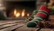 © pisan - Traditional red and green Christmas stocking by the fireplace, adding holiday charm, Christmas stocking, fireplace decor, red and green theme for a cozy festive atmosphere in your home