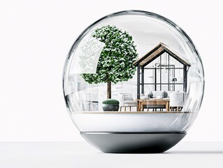 Poster - Snow globe with cozy teahouse, warm glow from windows, white background, watercolor style