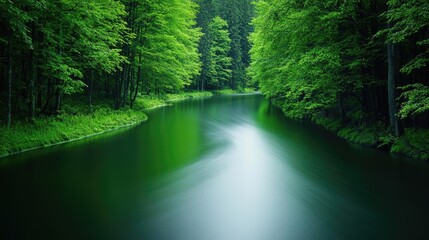 Aufkleber - Serene river flowing through lush green forest surrounded by vibrant trees