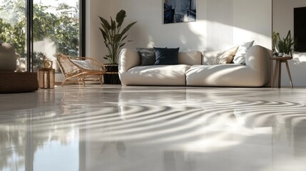 A bright living space with polished concrete flooring, enhanced by subtle wave-like geometric designs. Space at the top for branding or captions.