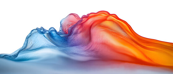 Wall Mural - A tight shot of a tricolor wave - red, orange, and blue - of liquid against a pristine white backdrop Behind lies a serene blue sky