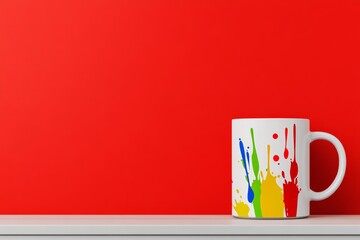 Poster - White cup sits on a shelf next to a red wall. wall is covered in colorful paint splatters, giving room. large mug stands in a minimalistic red gradient background with splashes of multicolored paints