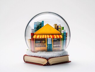 Poster - Snow globe with quaint bookshop, holiday decor, white background, nostalgic feel, watercolor style