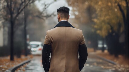 Man Walking on Rainy Autumn Street in Stylish Coat