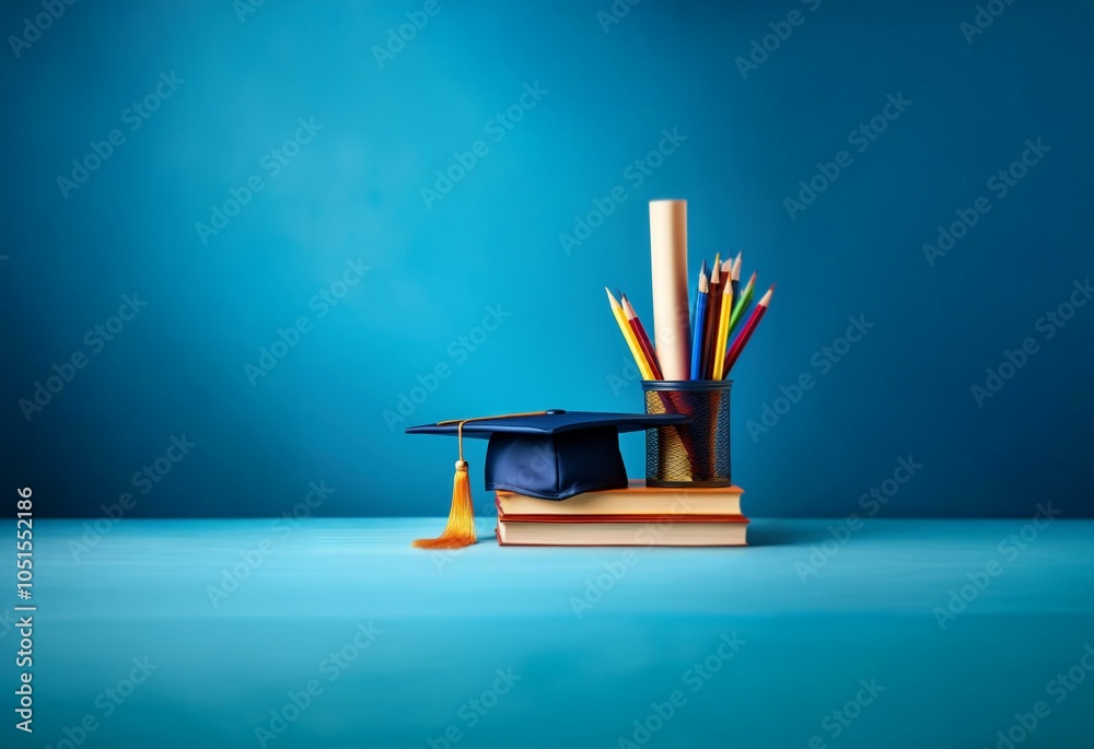 A blue graduation cap sits on a stack of books in front of a blue ...
