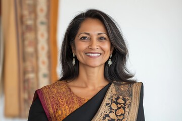 Successful woman CEO standing confidently in traditional attire, showcasing leadership skills and executive presence during a business event in a modern office setting