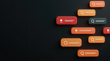 Colorful digital buttons on a dark background, representing search and user interface elements in modern technology applications.