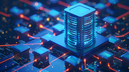 Poster - Data center. Servers equipment future on premises. Hosting technologies. Telecommunications center. Servers with green neon lighting. Digital information storage. illustration