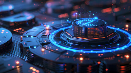 Poster - Data center. Servers equipment future on premises. Hosting technologies. Telecommunications center. Servers with green neon lighting. Digital information storage. illustration