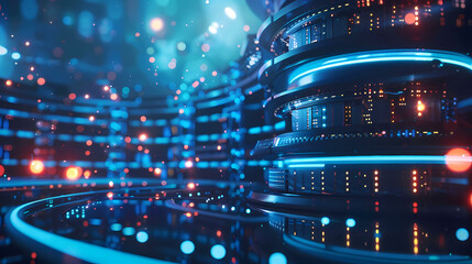 Poster - Data center. Servers equipment future on premises. Hosting technologies. Telecommunications center. Servers with green neon lighting. Digital information storage. illustration