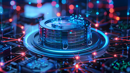 Poster - Data center. Servers equipment future on premises. Hosting technologies. Telecommunications center. Servers with green neon lighting. Digital information storage. illustration