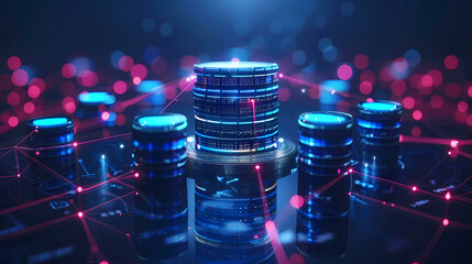 Poster - Data center. Servers equipment future on premises. Hosting technologies. Telecommunications center. Servers with green neon lighting. Digital information storage. illustration