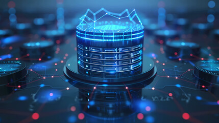 Poster - Data center. Servers equipment future on premises. Hosting technologies. Telecommunications center. Servers with green neon lighting. Digital information storage. illustration