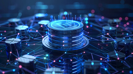 Poster - Data center. Servers equipment future on premises. Hosting technologies. Telecommunications center. Servers with green neon lighting. Digital information storage. illustration