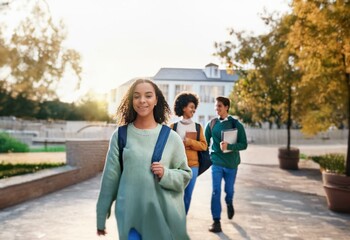 A young woman with curly hair walks in front of two other students on a paved walkway.