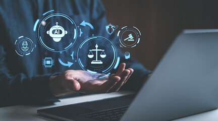 Poster - AI and legal tech icons floating over hands near laptop screen.