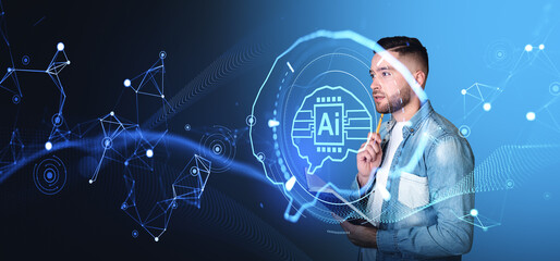 Aufkleber - Pensive man and glowing brain hologram, network circuit and connection