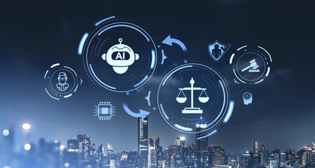 Poster - AI technology in legal systems with icons over a city background.