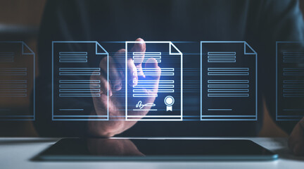 Poster - digital hand signing a contract document with virtual interface on a tablet screen.