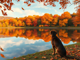 Wall Mural - dog gazes at a serene lake surrounded by vibrant autumn foliage under a clear sky in a peaceful natu