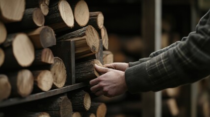 A low-angle view of someone loading logs onto the firewood rack, with the background softly blurred for context.