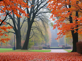 Wall Mural - a tranquil autumn pathway lined with vibrant orange leaves in a serene park setting during a foggy m