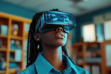 Poster - a woman wearing a virtual reality headset sits in a library, surrounded by books and quiet atmospher