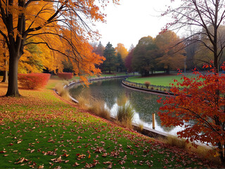 Wall Mural - vibrant autumn colors reflecting on a tranquil lake in a serene park setting during late afternoon