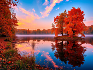 Wall Mural - autumn landscape with vibrant orange trees reflecting in a calm lake at sunset showing serene beauty
