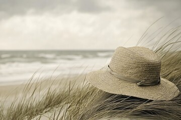 a hat sitting on the sandy beach with no one around