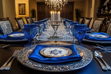 Decorated Hanukkah Table: A beautifully set table ready for a Hanukkah dinner, featuring blue and silver decorations, a menorah at the center, and place settings with traditional Jewish symbols like t