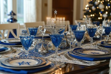 Decorated Hanukkah Table: A beautifully set table ready for a Hanukkah dinner, featuring blue and silver decorations, a menorah at the center, and place settings with traditional Jewish symbols like t