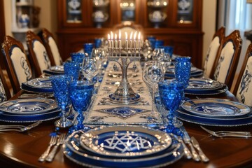 Decorated Hanukkah Table: A beautifully set table ready for a Hanukkah dinner, featuring blue and silver decorations, a menorah at the center, and place settings with traditional Jewish symbols like t