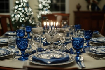 Decorated Hanukkah Table: A beautifully set table ready for a Hanukkah dinner, featuring blue and silver decorations, a menorah at the center, and place settings with traditional Jewish symbols like t