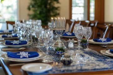 Decorated Hanukkah Table: A beautifully set table ready for a Hanukkah dinner, featuring blue and silver decorations, a menorah at the center, and place settings with traditional Jewish symbols like t