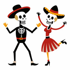 Couple of mexican skeletons in costumes dance vector illustration on white background